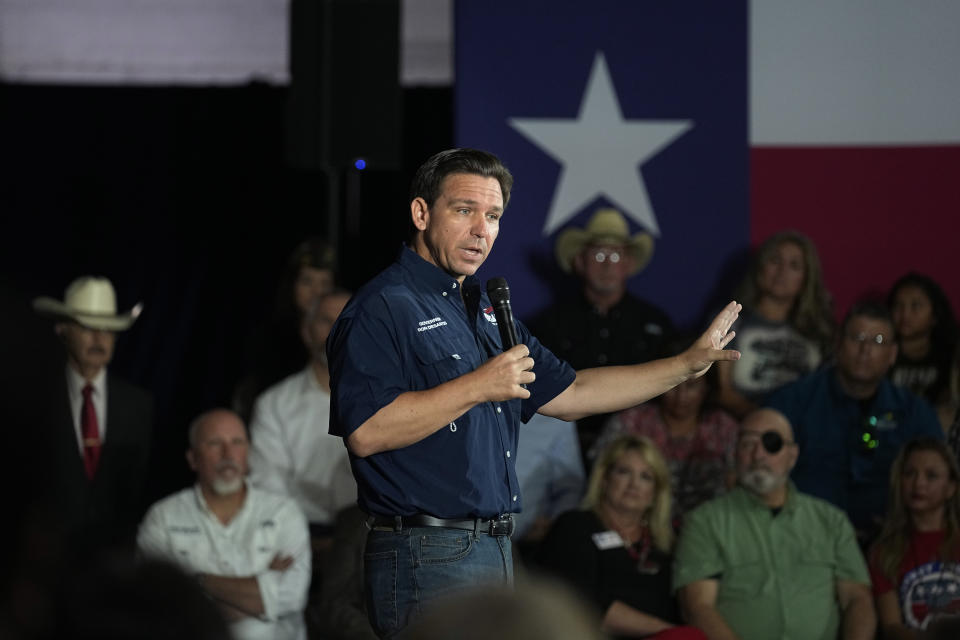 Republican presidential candidate Florida Gov. Ron DeSantis speaks at a town hall meeting in Eagle Pass, Texas, Monday, June 26, 2023. (AP Photo/Eric Gay)