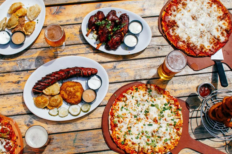 The spread at Flo & Santos, complete with sausages and pierogi.