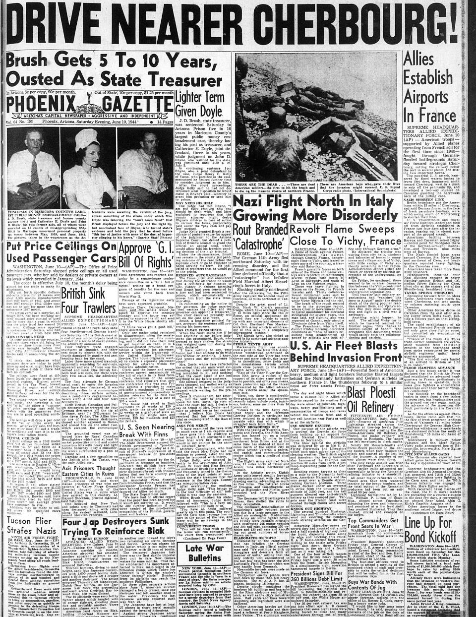 The front page of the Phoenix Gazette from June 10, 1944.