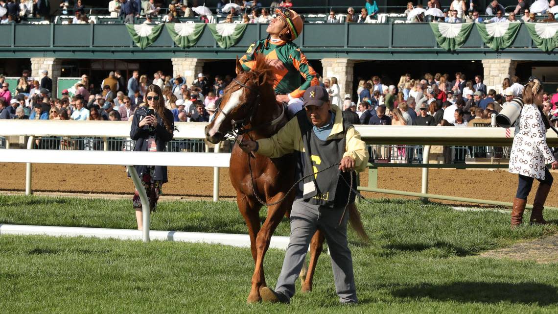 “Arzak” the winner of the The 28th Running Of The Shakertown (Grade II), as Jockey Irad Oritz, Jr (6) pays homage to his creator on the second day of the Keeneland Spring Meet, 100th running of the Toyota Blue Grass Stakes at Keeneland Race Course, Lexington, Ky on April 6, 2024.