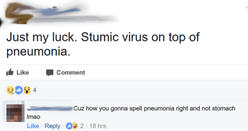 A screenshot of a social media post with a typo, someone mistakenly wrote "Stumic virus" instead of stomach, despite spelling pneumonia correctly
