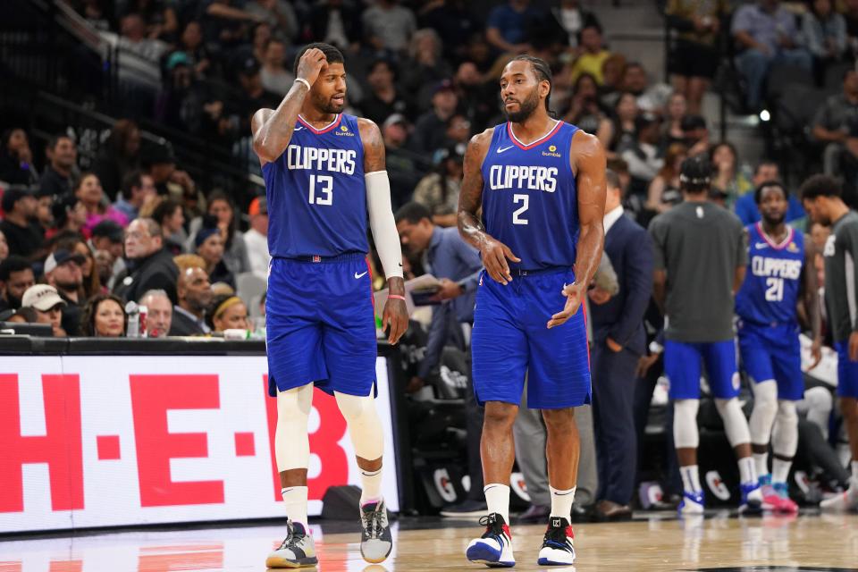 When Paul George (13) and Kawhi Leonard were paired together last season, the conventional wisdom was that the Clippers would finally advance past the second round of the NBA playoffs. But they blew another 3-1 lead and fell to the Denver Nuggets in the Western Conference semifinals.