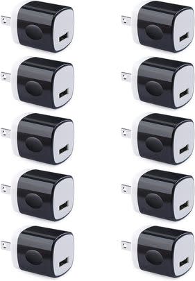 A set of 10 USB wall adapters