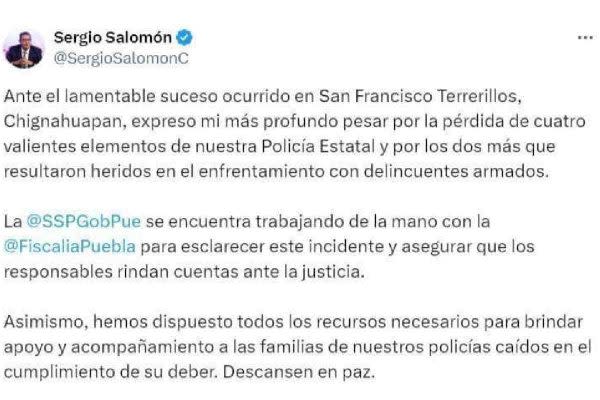 tuit del gobernador de puebla tras la muerte de cuatro policías estatales