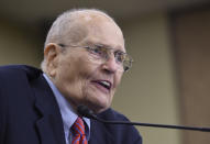 FILE - In this July 29, 2015 file photo, former Rep. John Dingell, D-Mich., speaks at an event marking the 50th Anniversary of Medicare and Medicaid on Capitol Hill in Washington. Former Michigan Rep. John Dingell, the longest-serving member of Congress in American history, has died. He was 92. Congresswoman Debbie Dingell says her husband died at his Dearborn home on Thursday, Feb. 7, 2019. (AP Photo/Susan Walsh, File)