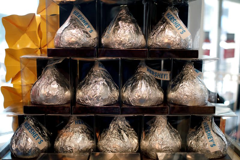 FILE PHOTO: Giant Hershey's Kiss chocolates are seen on display in a shop in New York City