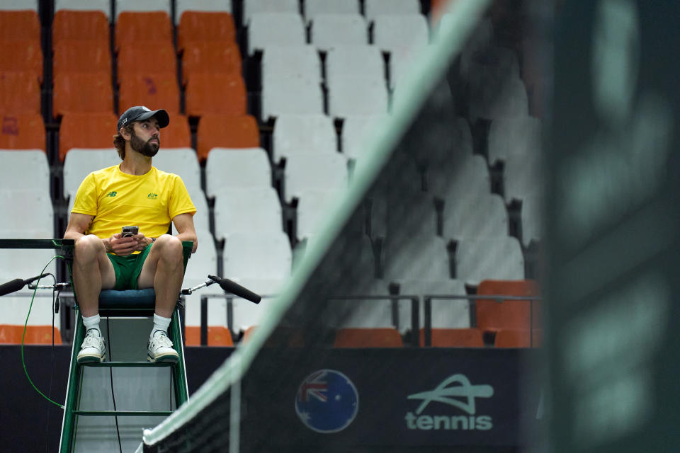 VALENCIA, SPAIN - SEPTEMBER 09: Jordan Thompson of Australia looks on during a practice session ahead of the 2024 Davis Cup Finals Group Stage at Pabellon Fuente De San Luis on September 09, 2024 in Valencia, Spain. (Photo by Angel Martinez/Getty Images for ITF)