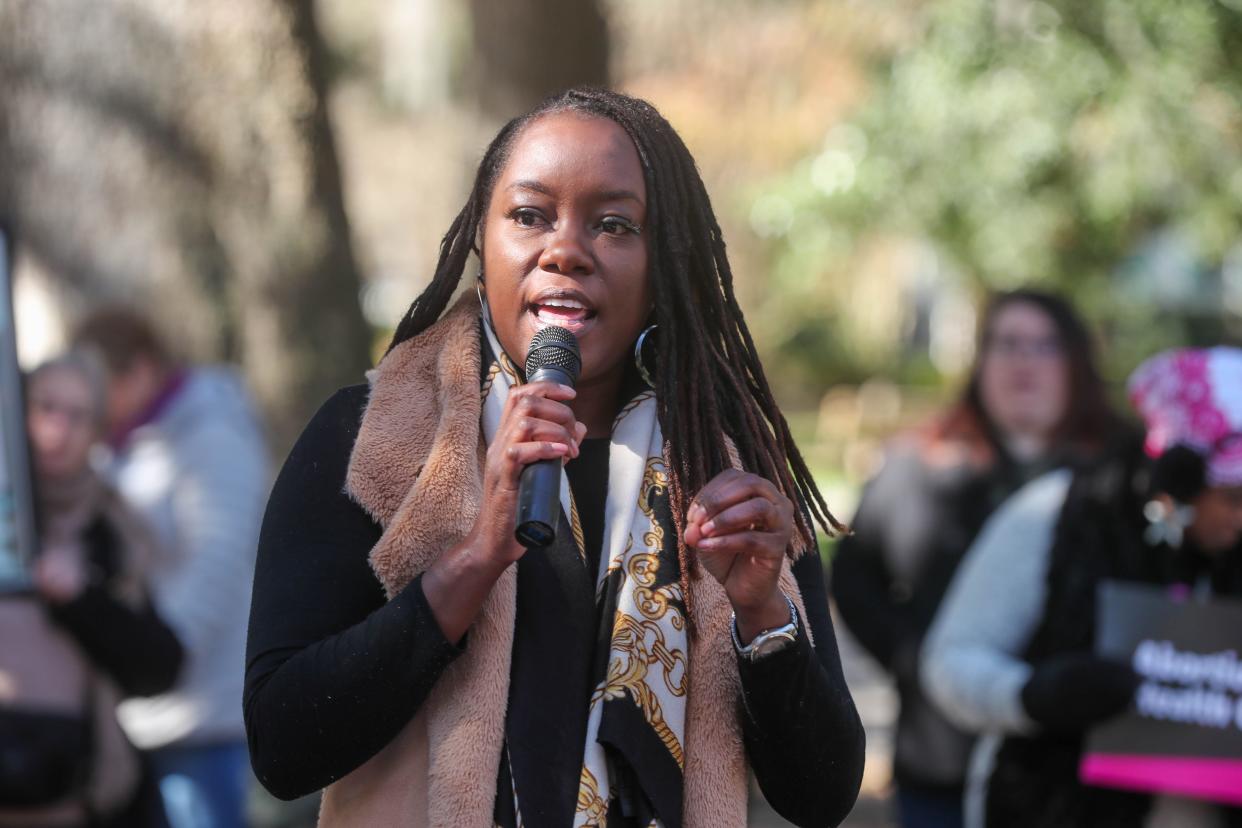 Chatham County District Attorney Shalena Cook Jones speaks during the "Bigger Than Roe" rally and march on Saturday, January 20, 2024 at Forsyth Park.