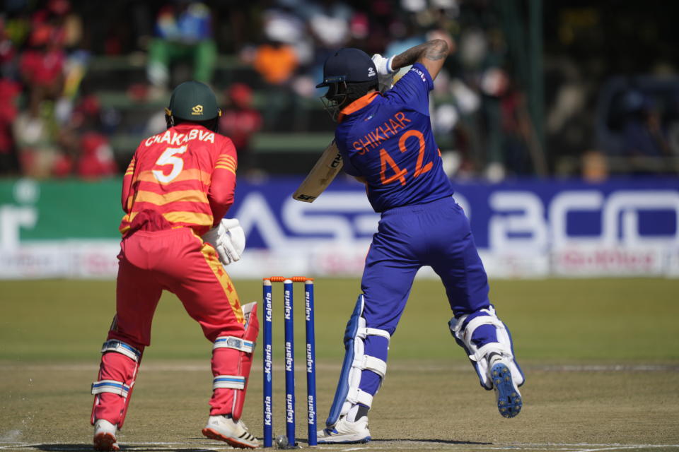 Indian batsman Shikhar Dhawan in action on the first day of the One-Day International cricket match between Zimbabwe and India at Harare Sports Club in Harare, Zimbabwe, Thursday, Aug, 18, 2022. (AP Photo/Tsvangirayi Mukwazhi)