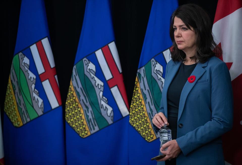 Premier Danielle Smith at a health-care policy announcement last year. One of her first acts as premier was to fire chief medical health officer Dr. Deena Hinshaw, following months of Smith had spent months criticizing her pandemic management.