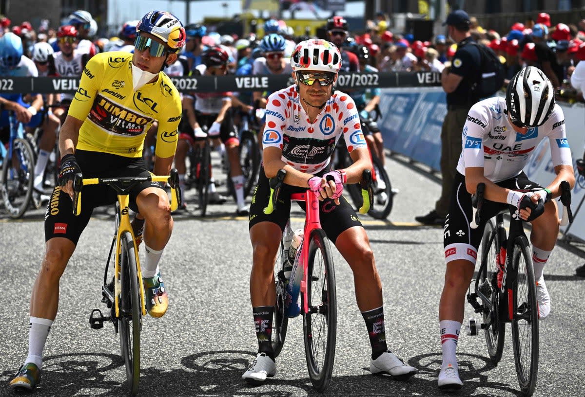 Wout van Aert, Magnus Cort Nielsen and Tadej Pogacar lead off stage 3 (AFP via Getty Images)