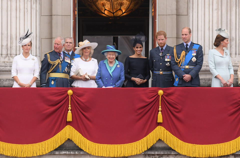 Royal family gather on Buckingham Palace balcony for historic RAF flyby. [Photo: Rex]