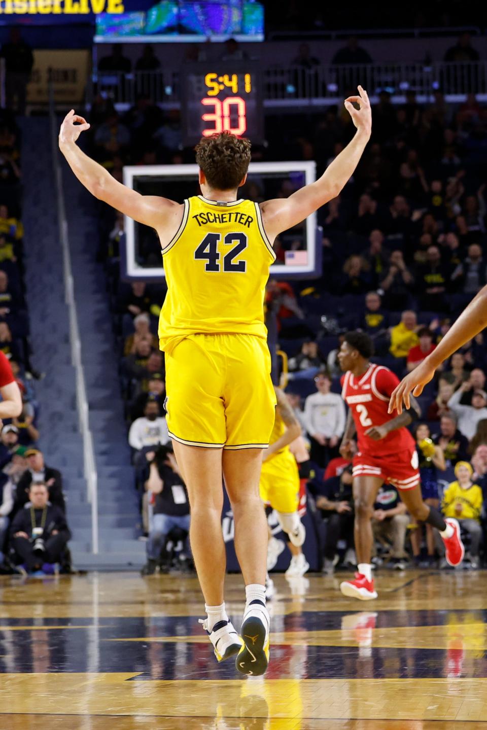 Michigan forward Will Tschetter celebrates in the second half of U-M's 72-68 win on Wednesday, Feb. 7, 2024, at Crisler Center.