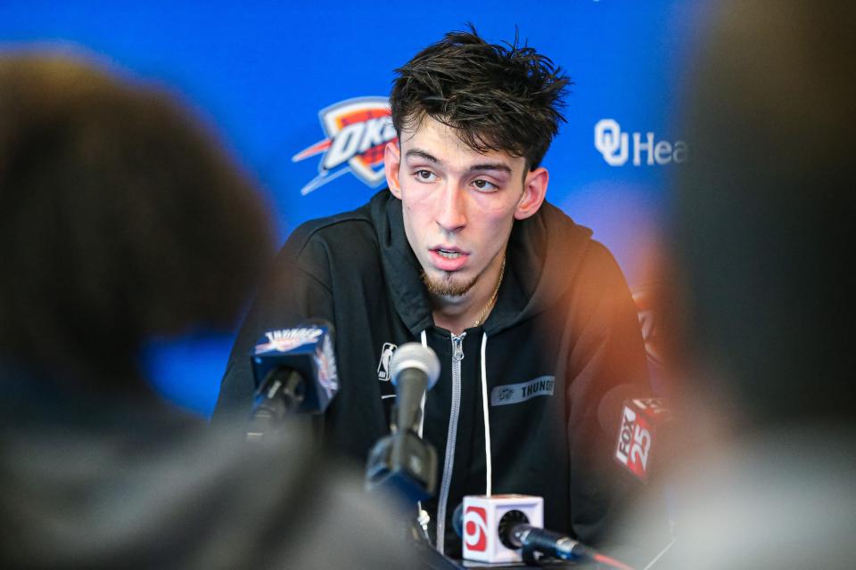 Thunder rookie Chet Holmgren speaks during a news conference Thursday about his foot injury.