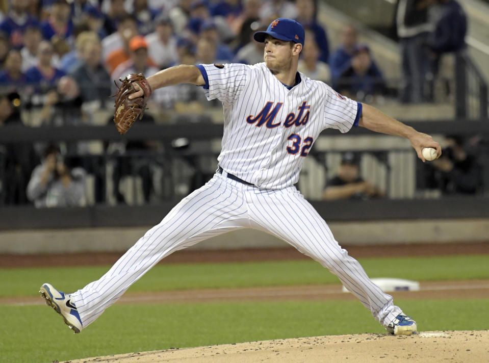 New York Mets starting pitcher Steven Matz delivers the ball to the Miami Marlins during the first inning of a baseball game Saturday, Sept. 29, 2018, in New York. (AP Photo/Bill Kostroun)