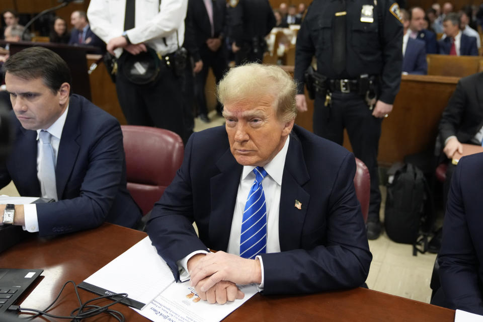 Former President Donald Trump waits for the start of proceedings in his trial at Manhattan criminal court, Monday, May 13, 2024, in New York. (AP Photo/Seth Wenig, Pool)