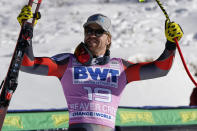 Norway's Aleksander Aamodt Kilde celebrates a first place finish in a men's World Cup downhill ski race Saturday, Dec. 4, 2021, in Beaver Creek, Colo. (AP Photo/Gregory Bull)
