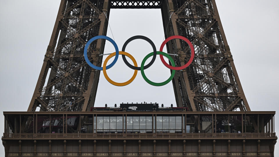26 July 2024, France, Paris: Before the Summer Olympics, Olympia Paris 2024, view of the Eiffel Tower with the Olympic rings. Photo: Sven Hoppe/dpa (Photo by Sven Hoppe/picture alliance via Getty Images)