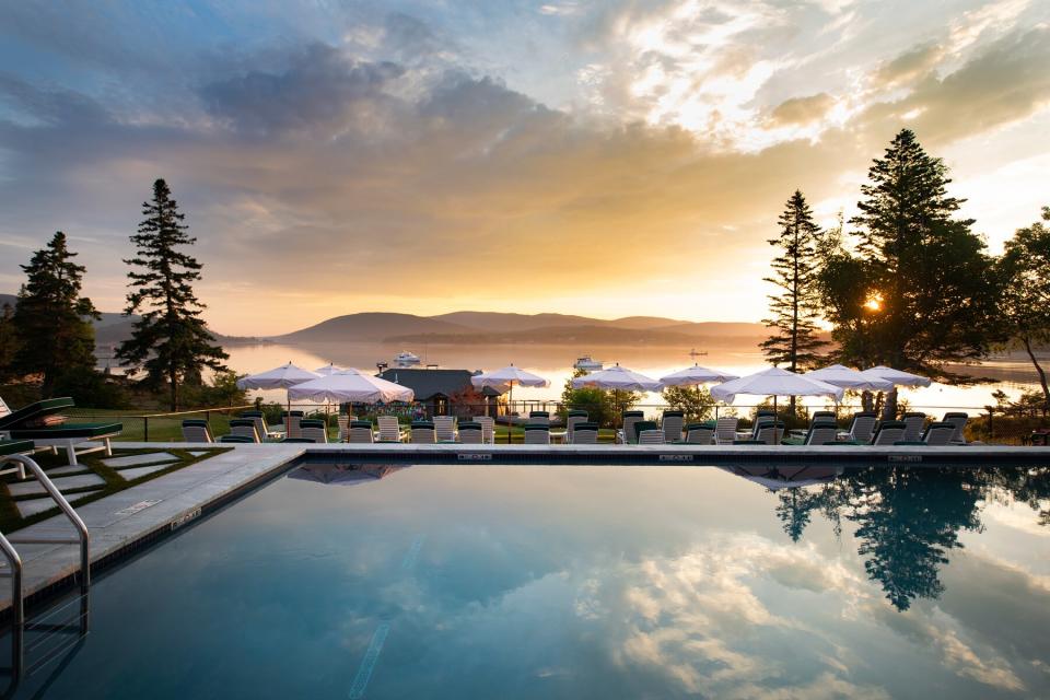 The pool at The Claremont on Mount Desert Island at sunset