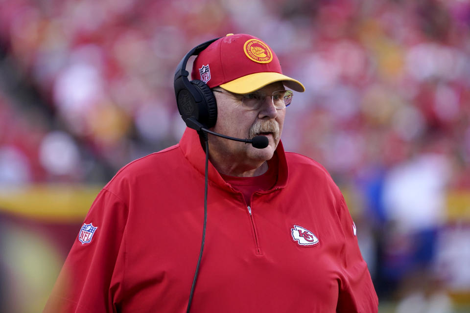 Kansas City Chiefs head coach Andy Reid watches from the sidelines during the first half of an NFL football game against the Los Angeles Chargers Sunday, Oct. 22, 2023, in Kansas City, Mo. (AP Photo/Ed Zurga)