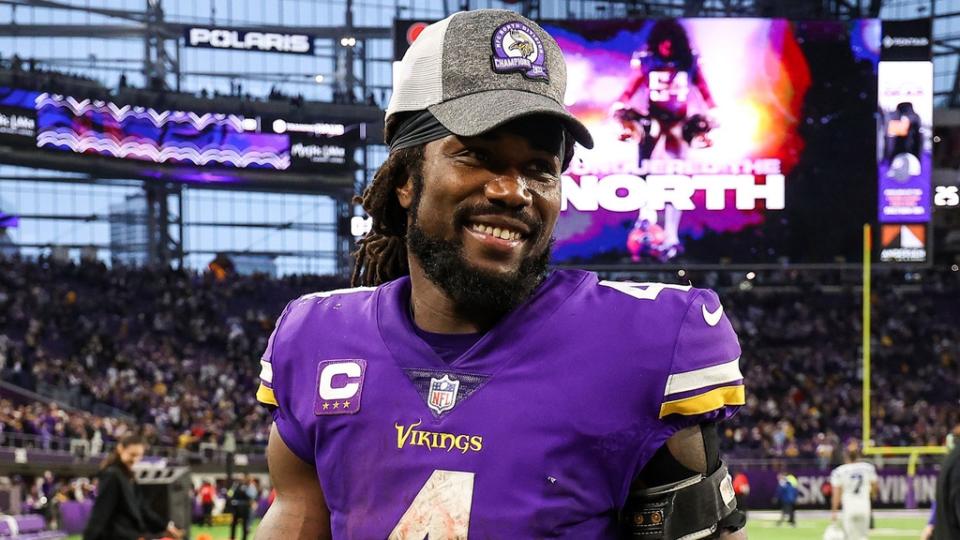 December 17, 2022;  Minneapolis, Minnesota, USA;  Minnesota Vikings linebacker Dalvin Cook (4) looks on after the game against the Indianapolis Colts at US Bank Stadium.  With the win, the Minnesota Vikings clinched the NFC North.