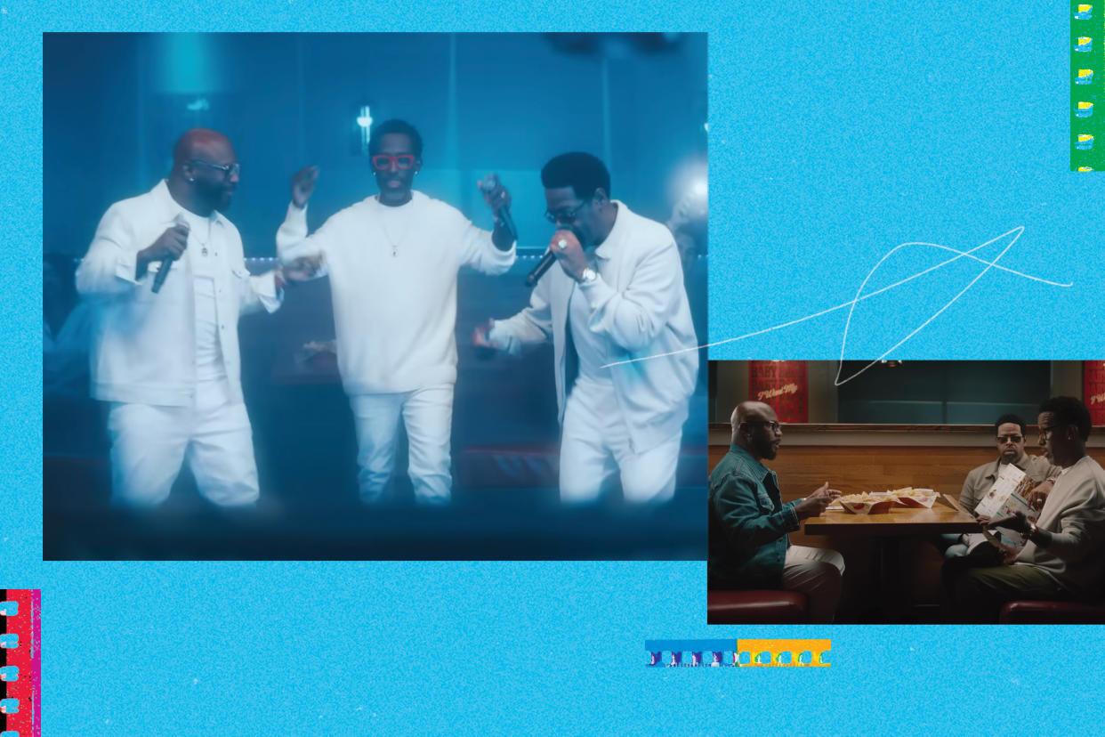 Boyz II Men belt out their signature harmonies. (Photo illustration: Yahoo News; photos: Chili's Grill & Bar via YouTube)