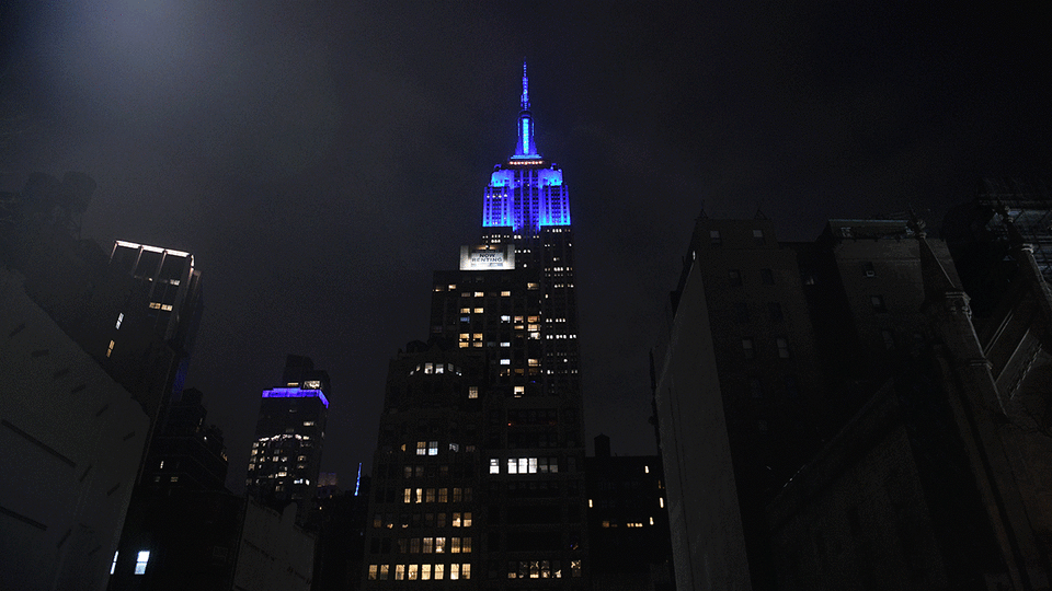 The Empire State Building lit up blue in honor of World Autism Awareness Day