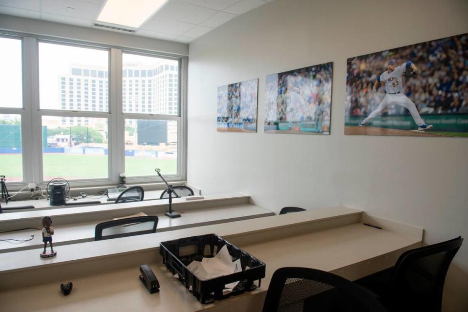 The press box at Shuckers Ballpark on Friday, May 10, 2024. The press box received an update with a new paint job and art.