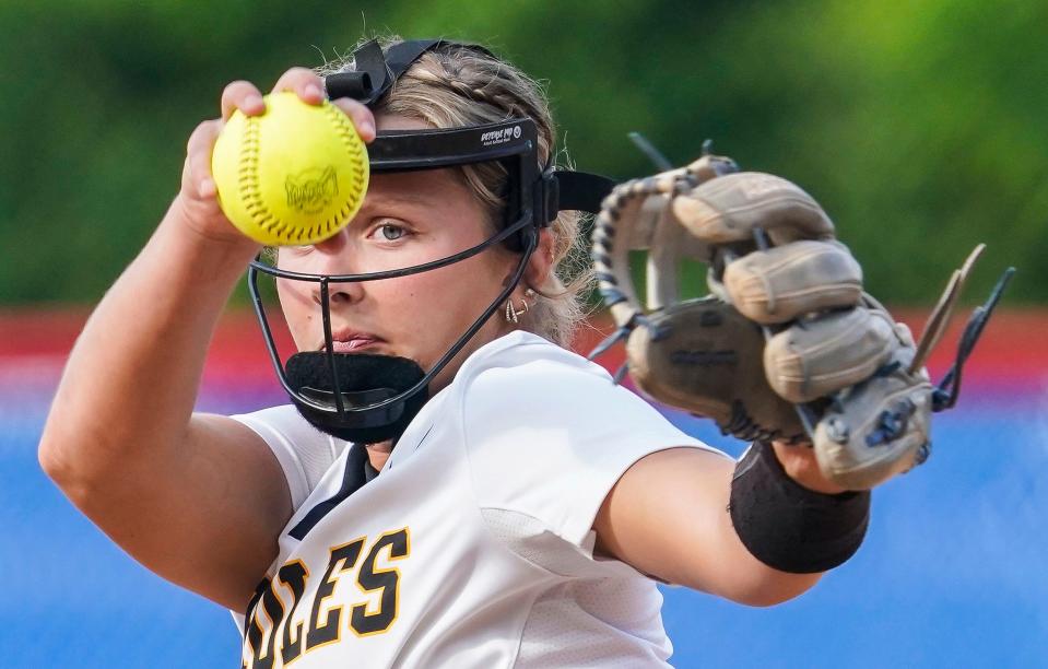 Avon Orioles Madeline Herman (14) pitches the ball during the IHSAA class 4A regional championship on Tuesday, May 30, 2023, at Roncalli High School in Indianapolis. The Roncalli Royals defeated the Avon Orioles, 9-1. 