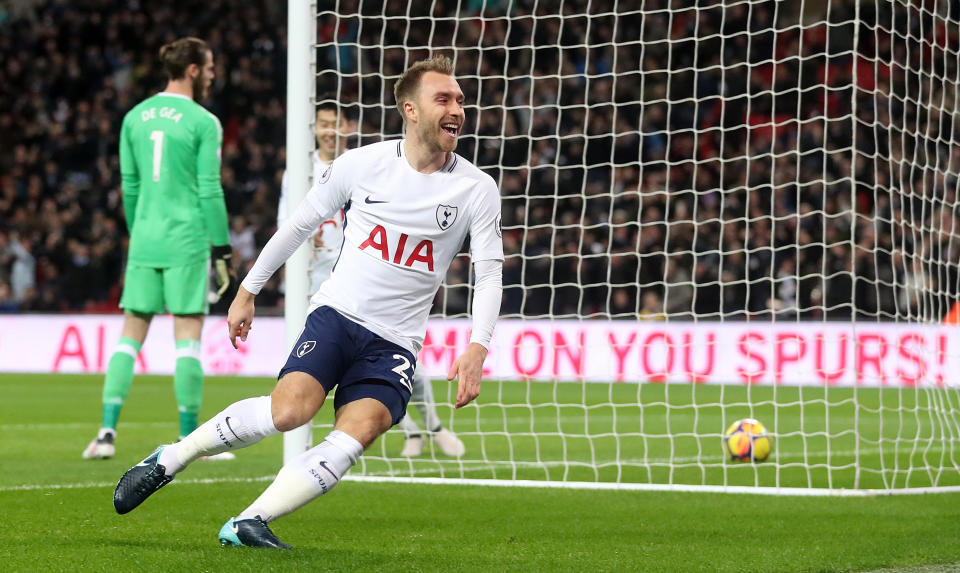 Christian Eriksen celebrates his goal 11 seconds into Tottenham’s clash with Manchester United. (Getty)
