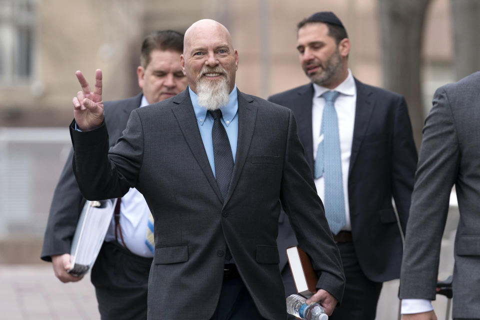 Richard Barnett arrives at the federal courthouse for his trial, in Washington, Tuesday, Jan. 10, 2023. Barnett was photographed with his feet up on a desk in then Speaker of the House Nancy Pelosi's office, during the Jan. 6 riot at the Capitol. (AP Photo/Jose Luis Magana)