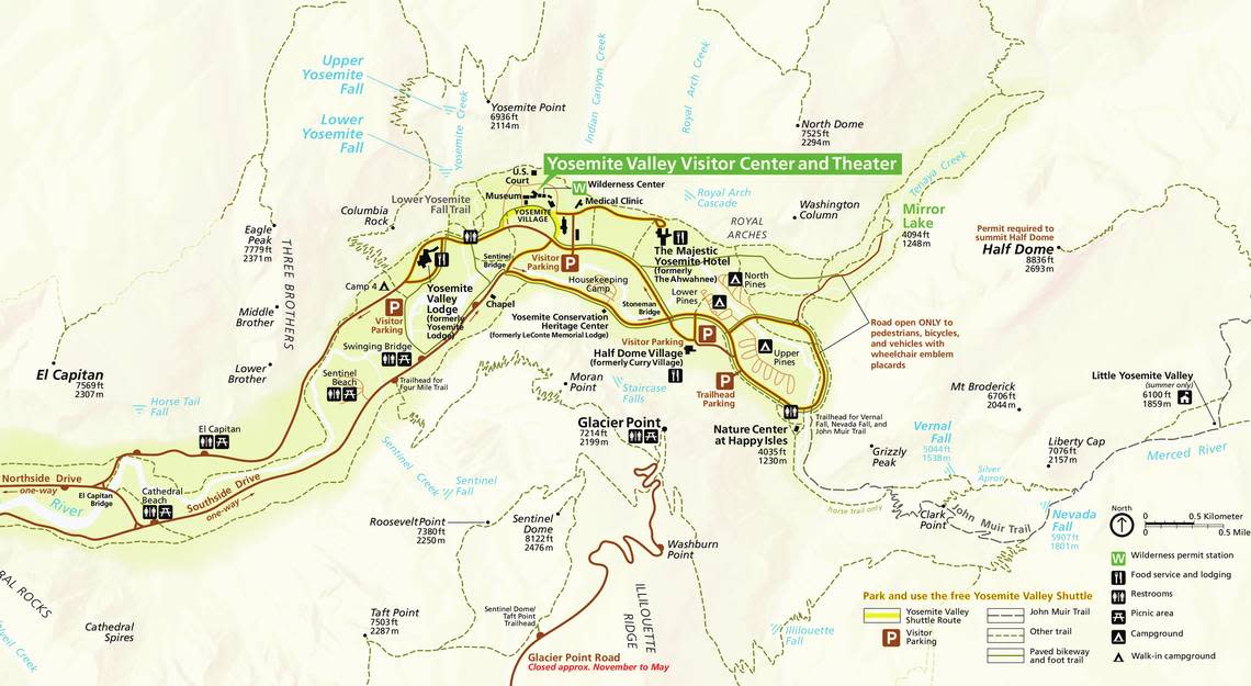 Screenshot of a Yosemite Valley map. The El Capitan Picnic Area, pictured at left, is a popular place for viewing the “firefall” phenomenon that happens to Horsetail Fall. Visitors can park around Yosemite Valley Lodge and walk down a lane of Northside Drive that’s closed to vehicles when the firefall phenomenon happens in mid-to-late February.