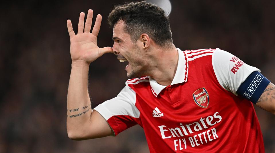 Granit Xhaka of Arsenal celebrates after scoring during the UEFA Europa League last 16 second leg match between Arsenal and Sporting Lisbon at the Emirates Stadium on March 16, 2023 in London, United Kingdom.