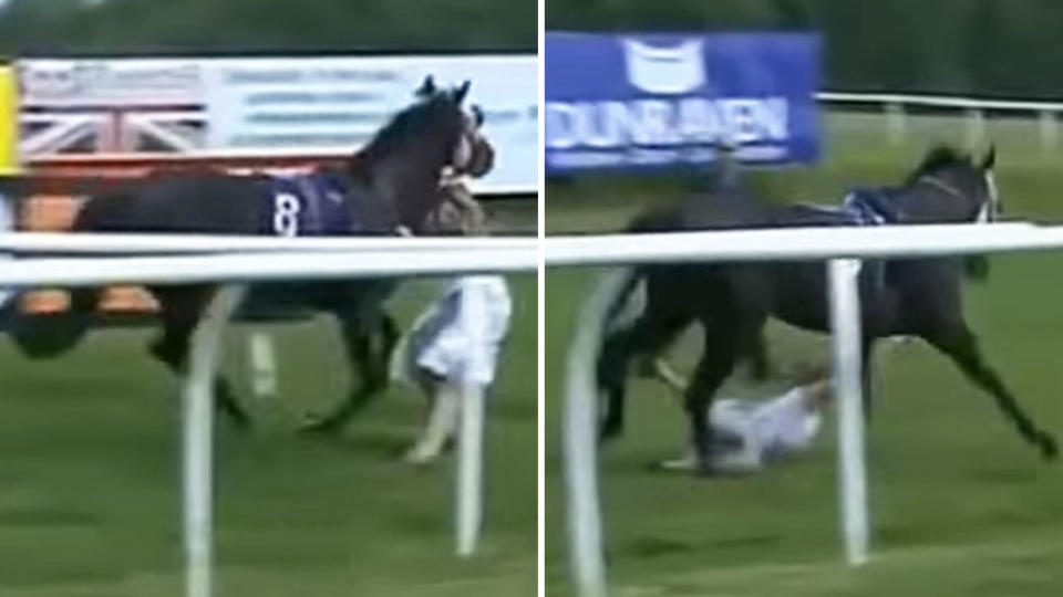 She put herself in front of the horse and was dragged across the grass. Photo: At the Races