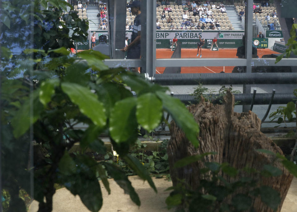 Tropical plants in the greenhouses that surround the new Simonne Mathieu court are seen as Spain's Garbine Muguruza serves against Taylor Townsend of the U.S. during their first round matches of the French Open tennis tournament at the Roland Garros stadium in Paris, Sunday, May 26, 2019. (AP Photo/Pavel Golovkin)