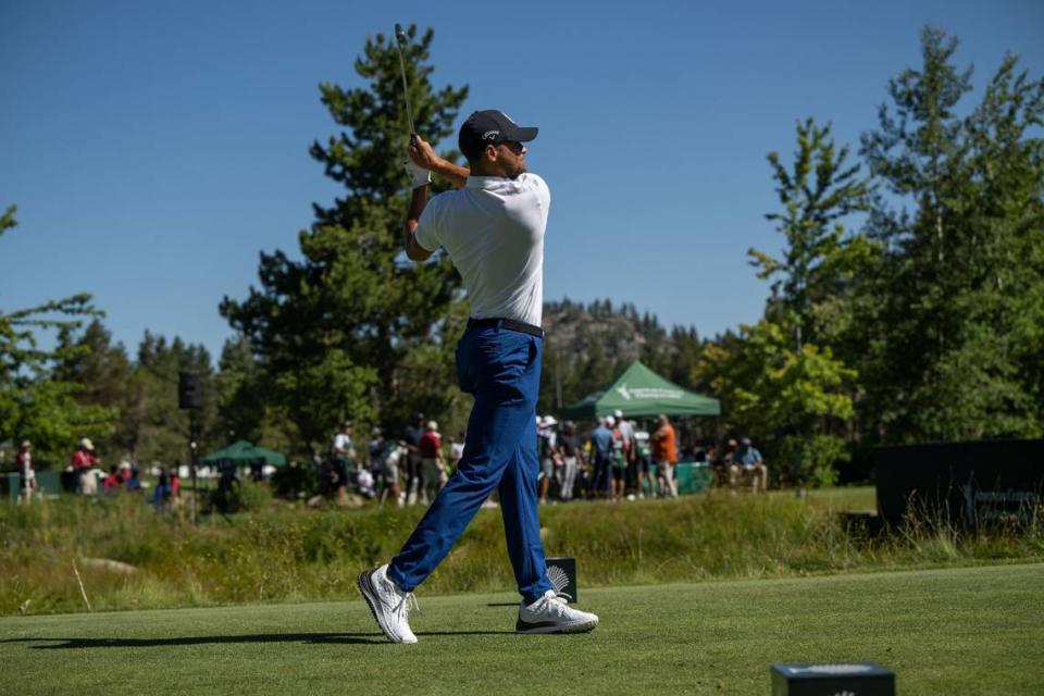 The Golden State Warriors’ Steph Curry participates Friday, July 14, 2023, in the first round of the American Century Championship celebrity golf tournament at Edgewood Tahoe Golf Course in Stateline, Nev.