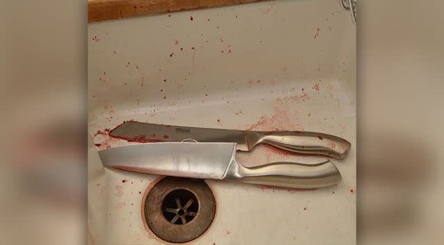 Crime scene photos showed bloodied knives and stains throughout Mr Jeffries’s cottage. Photo: PA