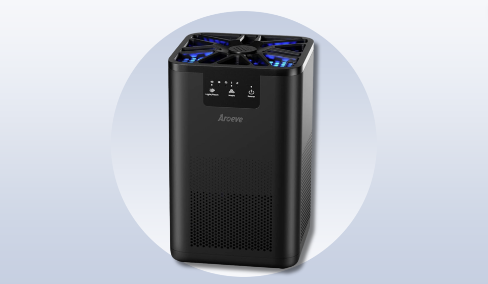 Aroeve HEPA air purifier with aromatherapy on gray background