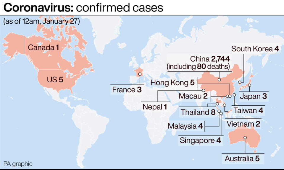 Coronavirus: confirmed cases. See story HEALTH Coronavirus. Infographic PA Graphics
