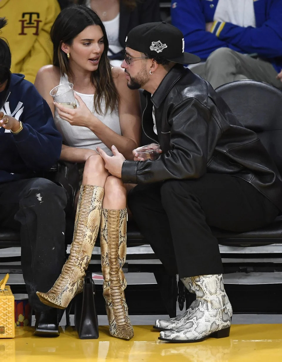 los angeles, california may 12 kendall jenner and bad bunny attend the western conference semifinal playoff game between the los angeles lakers and golden state warriors at cryptocom arena on may 12, 2023 in los angeles, california photo by kevork djanseziangetty images