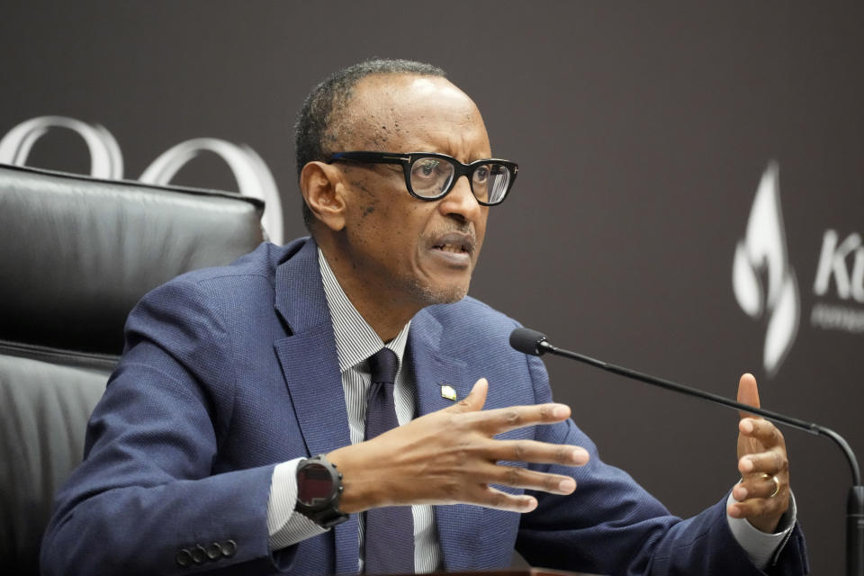 Rwanda's President Paul Kagame gives a press conference at Kigali Convention Centre in Kigali, Rwanda, Monday, April 8, 2024. Rwandans are commemorating 30 years since the genocide in which an estimated 800,000 people were killed by government-backed extremists, shattering this small east African country that continues to grapple with the horrific legacy of the massacres. (AP Photo/Brian Inganga)