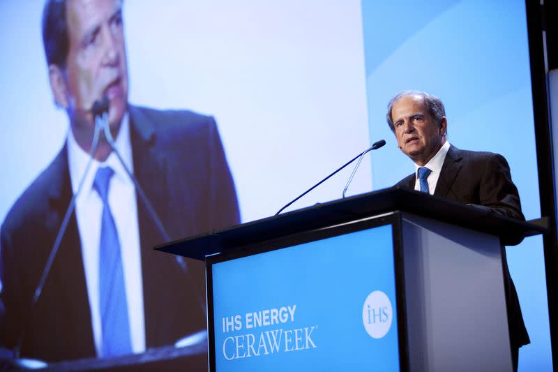 FILE PHOTO: Scott Sheffield, CEO of Pioneer Resources, speaks during the IHS CERAWeek 2015 energy conference in Houston
