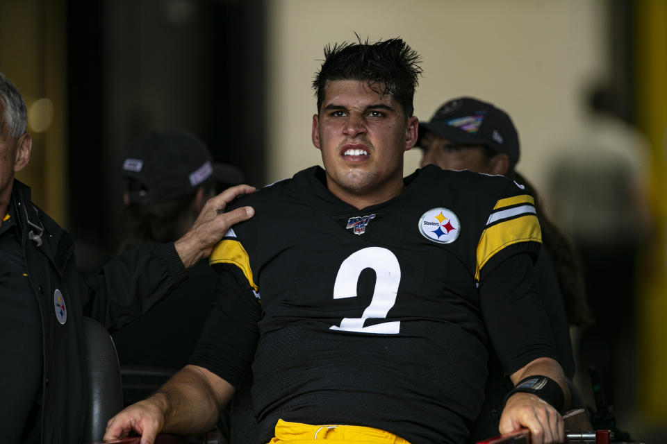PITTSBURGH, PA - OCTOBER 06: Pittsburgh Steelers quarterback Mason Rudolph (2) is carted off the field during the NFL football game between the Baltimore Ravens and the Pittsburgh Steelers on October 06, 2019 at Heinz Field in Pittsburgh, PA. (Photo by Mark Alberti/Icon Sportswire via Getty Images)