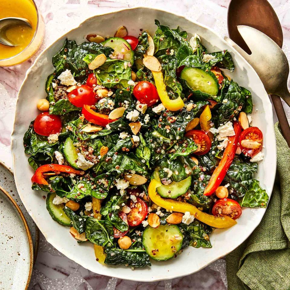 <p>This kale-quinoa salad pops with different flavors and textures. Massaging the kale helps break down its fibrous nature, while add-ins like toasted almonds, feta and cucumber add crunch and saltiness.</p> <p> <a href="https://www.eatingwell.com/recipe/7920321/kale-quinoa-salad-with-lemon-dressing/" rel="nofollow noopener" target="_blank" data-ylk="slk:View Recipe;elm:context_link;itc:0;sec:content-canvas" class="link ">View Recipe</a></p>