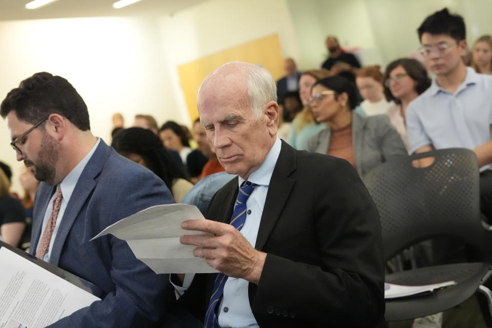 Sen. Peter Welch, D-Vt., reading over his remarks as he waits to speak about the Affordable and Connectivity Program, ACP, at the Shaw Library in Washington, Tuesday, April 30, 2024. Advocacy groups and policymakers are pushing for Congress to fully fund the ACP, because April 2024 marks the last month of full funding. (AP Photo/Pablo Martinez Monsivais)