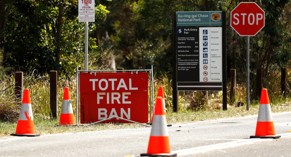 Total fire ban sign shown as catastrophic fire danger warning is declared.