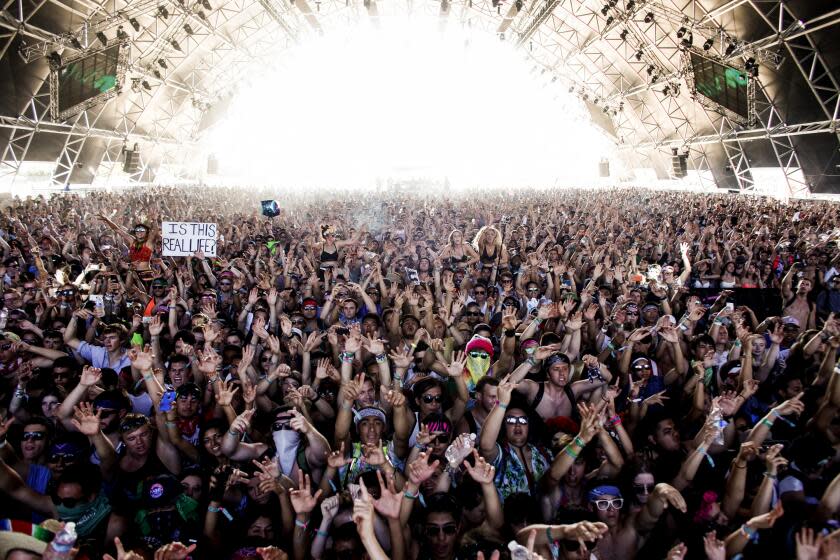 INDIO, CA.-- APRIL 20, 2014--The Sahara tent was packed for the performance of Showtek, a brother DJ team of Sjoerd and Wouter Janssen, on the third and final day of the second weekend of the Coachella Valley Music and Arts Festival, at the Empire Polo Club in Indio, April 20, 2014. (photo by Jay L. Clendenin/Los Angeles Times)