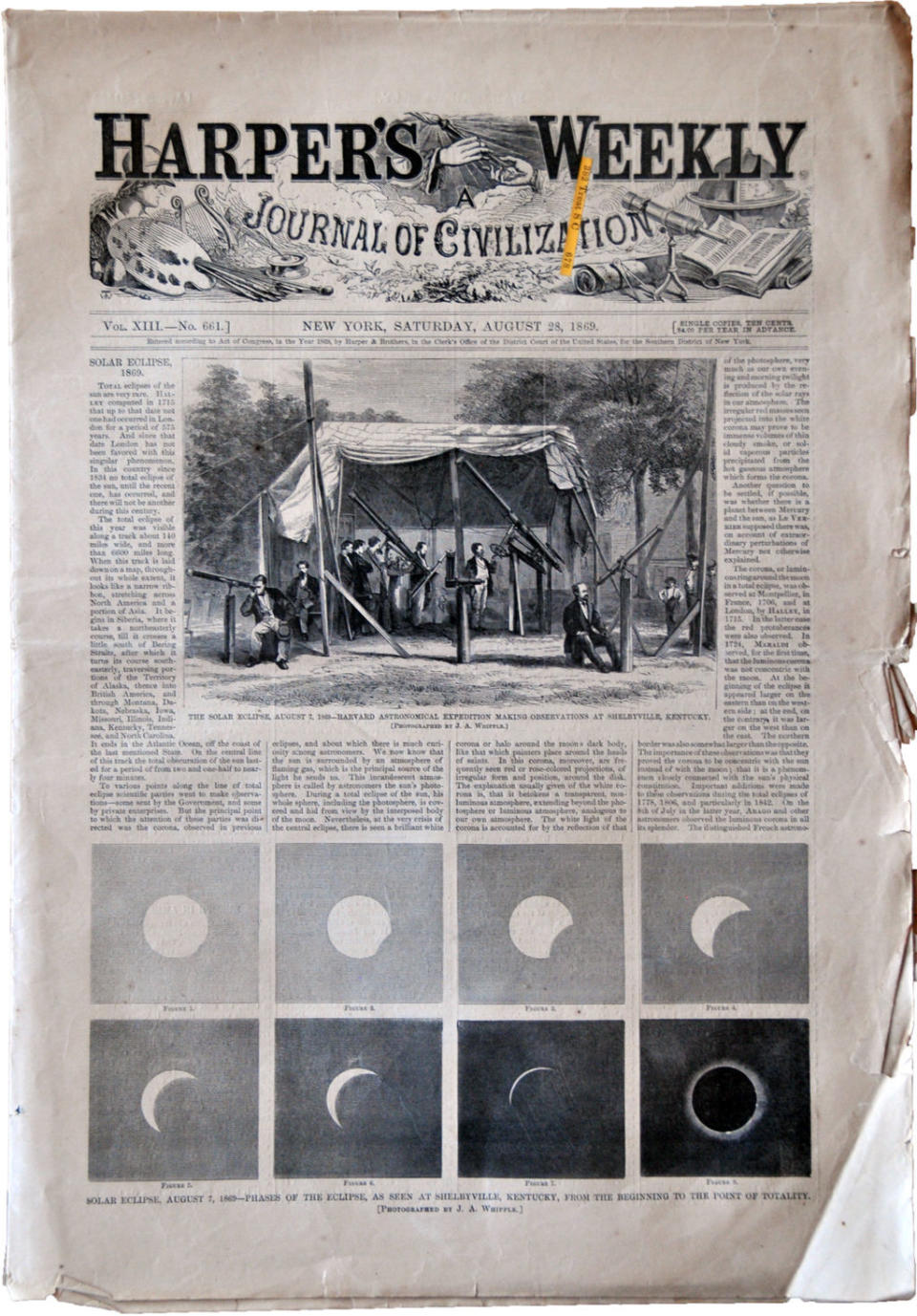 An edition of Harper's Weekly describes the total solar eclipse of 1869. <cite>Harper's Weekly</cite>