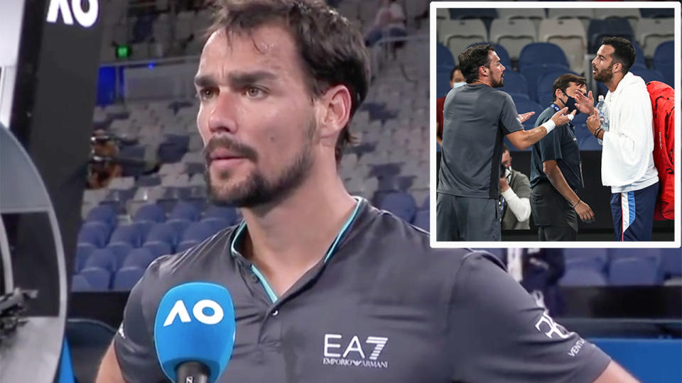 Pictured here, Fabio Fognini can be seen arguing with compatriot Salvatore Caruso.