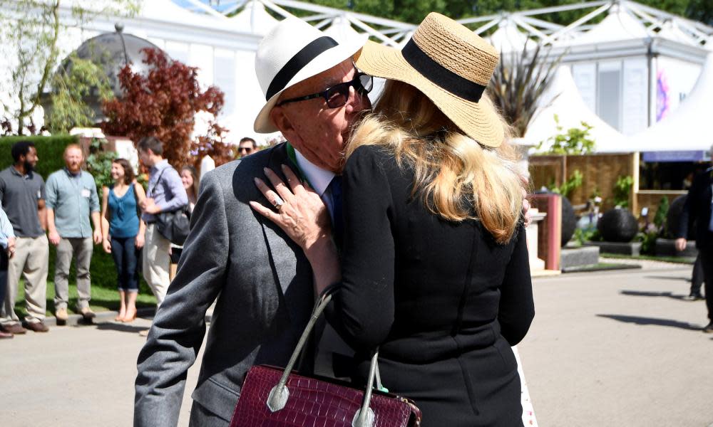 Rupert Murdoch and his wife Jerry Hall kiss during a visit to the Royal Horticultural Society’s Chelsea Flower show in London.